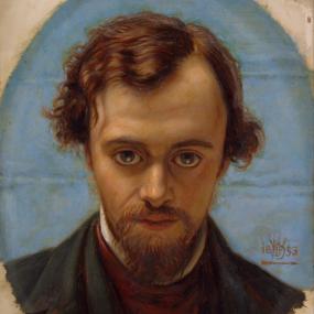 Oval-framed, head and shoulders painting by William Holman Hunt of Dante Gabriel Rossetti, said to be aged twenty-two. Rossetti looks down and forward, wide-eyed, in a black coat against a light blue background. Birmingham Museum and Art Gallery.