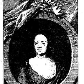 Photograph of a line engraving of Elizabeth Singer Rowe by George Vertue, 1725, shown from the waist up, wearing a simple dark dress with a low scooped neckline. Her hair is tied back with a lock appearing over one shoulder. The oval frame (contained within a rectangle) bears her name, "Mrs. Elizabeth Rowe", and is topped with emblems including a sprig of laurel and a crown; a further swag of emblematic objects below includes flowers, sheets of inscribed paper, and the trumpet of Fame.