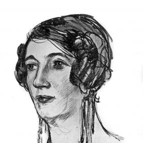 Charcoal portrait of Berta Ruck, circa 1920. She has short wavy hair and wears long rectangular earrings. 