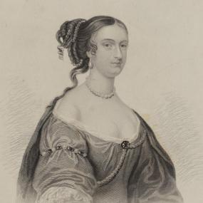 Stipple half-length engraving of a young Lady Rachel Russell by Henry Meyer after Samuel Cooper, published 1853. She is wearing a loose-fitting gown with wide sleeves, low  round neckline, jewel at the bust and jewelled armband, and a mantle pinned behind. Her hair is swept back to a bun, except for a long curl hanging down her back.