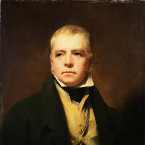 Head-and-shoulders painting of Sir Walter Scott by Sir Henry Raeburn, 1822. Scott is wearing a black coat, high collar, and yellow waistcoat adorned with a heavy watch-chain. Scottish National Galleries, Edinborough.