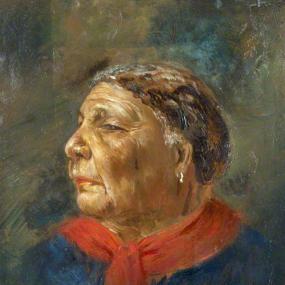 Head-and-shoulders painting of Mary Seacole by Albert Charles Challen, 1869. She has strong features, and short dark hair streaked with grey. She wears a blue jacket with medals pinned on it, a red scarf, and small earrings. National Portrait Gallery.
