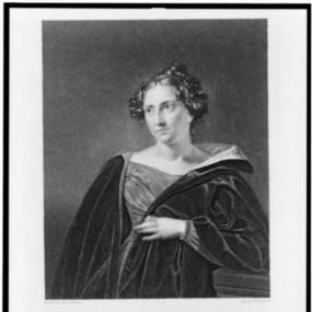 Black and white photograph from a painting of Catharine Maria Sedgwick by Charles Ingham, 1872. She stands leaning her arm on a pedestal, wearing a velvet cloak with open neck over a simple dress. Her dark hair is pulled back and clusters in short curls around her face.