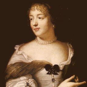 Head-and-shoulders painting of Marie de Sévigné by Claude Lefèbvre, c. 1665. She is in half-mourning, in a pale low-necked gown with puff sleeves and a lacy neckline tied with a dark bow. A grey scarf is tucked in. She has pearl ear studs, a pearl necklace, and dark curls around her face. She wears a slight smile. Musée Carnavalet, Paris.