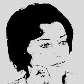 Photograph of a black and white print of Anne Sexton. She is shown from the shoulders up, with her head resting on her hand, and she has jaw-length hair that is filled in with black.