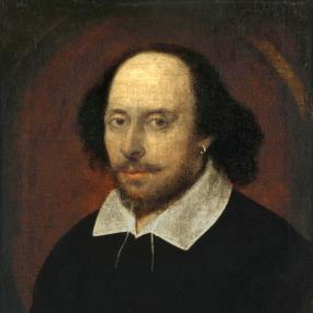 The "Chandos" portrait of William Shakespeare, perhaps by John Taylor, c. 1610. Its claims to authenticity are doubtful, but better than most. It was the first portrait acquired by the National Portrait Gallery, 1856. An oval frame is painted round Shakespeare, who looks inscrutably at the viewer, with a bald forehead, moustache and small beard, wearing a black coat with white collar and a hoop earring in his left ear.