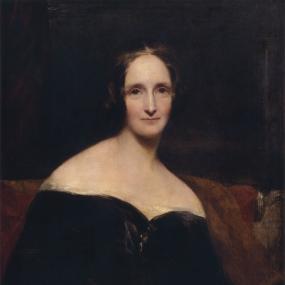 Half-length painting of Mary Shelley by Richard Rothwell, exhibited 1840. She sits on a red-draped couch, gazing serenely forward, wearing a black dress that leaves her shoulders bare. She has a gold waistband and gold band in her hair. A vertical streak of light on the right is thought by some to represent the spirit of her husband, Percy Bysshe Shelley. National Portrait Gallery.