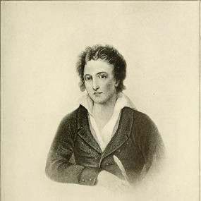 Percy Bysshe Shelley, in an engraving by William Finden from a head-and-shoulders portrait by Amelia Curran, 1819. Shelley is gazing slightly to the left, wearing a dark jacket over a white open-necked shirt, and holding a quill. His signature is reproduced below.