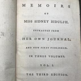 Title-page of Frances Sheridan's novel "Memoirs of Miss Sidney Bidulph", third edition, volume i,  1767.