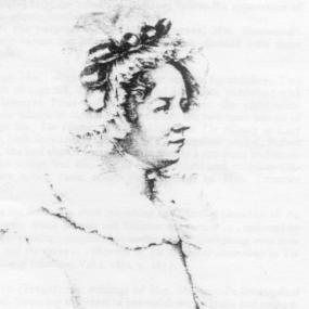 Head-and-shoulders print of Mary Martha Sherwood in profile by M. Maskall. She rests her head on a hand. Only her face and her frilled and ribboned cap are rendered in detail.