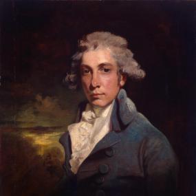 Painting of Richard Brinsley Sheridan, who is wearing a light blue coat over a ruffled white shirt.