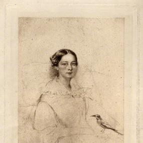 Half-length engraving, c. 1838, of Margaret Emily Shore, seated with a bird on her lap (perhaps the cuckoo she published on). Only her face and the bird are rendered in detail. Below, her name and age (nineteen) are given in capitals. National Portrait Gallery.