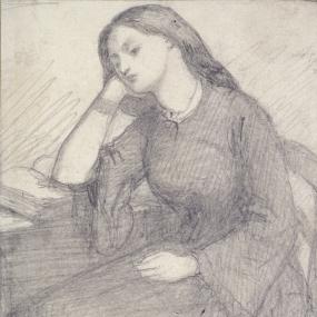 Black-and-white drawing of Elizabeth Siddal seated with her right elbow placed in the centre of a book and her hand on her chin. 