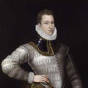 Posthumous, three-quarter-length portrait of Sir Philip Sidney, possibly done by Hieronimo Custodis from an original attributed to Cornelis Ketel, 1578. Sidney stands facing the viewer with one hand on his hip (or his sword-hilt). He wears a small ruff, a gorget, and doublet made to resemble armour. Longleat House.