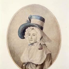 Photograph of an oval drawing of Elizabeth Postuma Simcoe by Mary Anne Burges. shown from the shoulders up, wearing a simple light brown dress with a white bib at the front , and a tall blue hat with a wide brim and a bow tied around it.