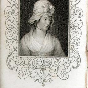 Stipple engraving by Pierre Condé of Charlotte Smith, from portrait by George Romney, 1792, in the National Portrait Gallery. The engraving appeared as frontispiece to volume 2 of "Elegiac Sonnets", 8th ed., 1797. This is a head-and-shoulders view. She is looking down, wearing a simple, light, gauzy dress, and a high bonnet with a large bow in front over her curling hair. The portrait is surrounded by a decorative swirl design, and underneath her name is written in block letters.