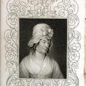 Stipple engraving by Pierre Condé of Charlotte Smith, from portrait by George Romney, 1792, in the National Portrait Gallery. The engraving appeared as frontispiece to volume 2 of "Elegiac Sonnets", 8th ed., 1797. This is a head-and-shoulders view. She is looking down, wearing a simple, light, gauzy dress, and a high bonnet with a large bow in front over her curling hair. The portrait is surrounded by a decorative swirl design, and underneath her name is written in block letters.