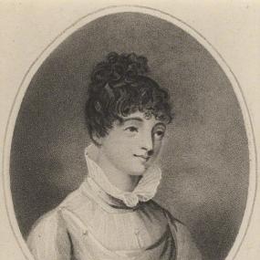 Stipple engraving of Elizabeth Smith, 1776-1806, by R. M. Meadows from a drawing by John George Wood, published 1809. This head-and-shoulders, oval picture shows her wearing a simple, loose, high-waisted dress with a tall frilled collar. Her dark curly hair is pulled up and tied on top of her head. Below is printed in italic script: "This is a Drawing of the Author during her last Illness by J. G. Wood." National Portrait Gallery.