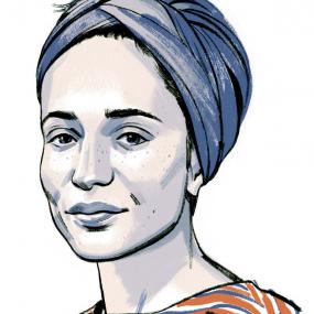 Head-and-shoulders illustration of Zadie Smith by Jillian Tamaki for the "New York Times", 17 November 2016. Smith looks askance at the viewer, wearing a blue turban or head-wrap and a top striped in rust-coloured, blue, and white.