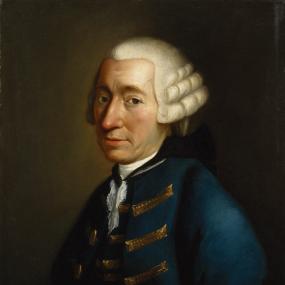 Half-length painting of  Tobias Smollett by unidentified Italian artist, c. 1770. He is wearing a blue coat with gold fastenings and a short powdered wig, his body facing left but head turned towards the viewer. National Portrait Gallery.