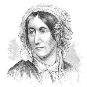 Image from head-and-shoulders chalk drawing of Mary Somerville by James Rannie Swinton, 1848. She looks down, away from the viewer, wearing a white scarf and white ruffled cap, her dark smooth hair parted in the middle and pulled back. This was engraved as frontispiece to her "Physical Geography", vol. i, 1848.