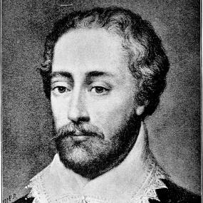 Black and white portrait of Edmund Spenser from the chest up. He is wearing a dark-colored shirt with buttons down the middle and a white ruff around the neck. He is facing slightly towards the left.