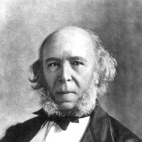 Undated black and white, head-and-shoulders photograph of Herbert Spencer, full face, bald on top with mutton-chop whiskers, wearing an white shirt, bow tie, and black jacket and waistcoat.