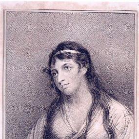 Half-length stipple engraving of Mary Tighe by Edward Scriven, derived originally from a painting by George Romney,
published 1812. Tighe is seated, with long, flowing, dark hair, a ribbon round her head, and a simple gown that crosses over at the bust.