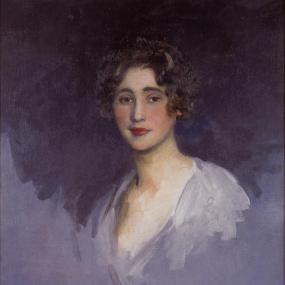 Head-and-shoulders portrait sketch of Violet Trefusis by William Bruce Ellis Ranken, 1919. Against a purple background, she looks straight at the viewer, wearing light purple dress and bright red lipstick. Her hair is chin-length, curly, and brown.