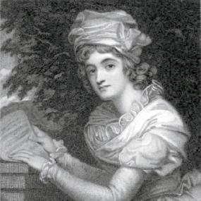 Stipple and line engraving of a painting of Melesina Trench, by Francis Holl after George Romney, published 1862. She is seated under a tree, her hands resting on a pillar, holding what looks like a sheet of music. Her gown is light-coloured, with a ruffle around the neckline, and sleeves that are puffy at the shoulder and tight below. She wears a tall bonnet or turban on her loose curled hair. National Portrait Gallery.