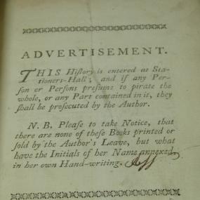 Advertisement in Ann Wall's "The Life of Lamenther", 1771: a claim to authenticity confirmed by Wall's initials.
