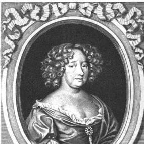 Line engraving of  Mary Rich, Countess of Warwick, by Robert White, published 1678 with an embellished oval frame resting on a pedestal. She wears a gown with scooped neckline, and no jewelry but a brooch. Her hair is a broad mass of mid-length ringlets. An inscription below gives her name ("The Right Honorable Mary Countess Dowager of Warwick") and, in Latin, her age and date of death.
