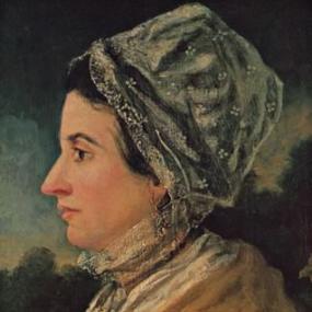 Head-and-shoulders painting of Susanna Wesley in profile, artist unknown. Set against an outdoor background, she is wearing a lace cap over her dark hair, gold drop earrings and a white lace neckerchief under a yellow or beige cloak.