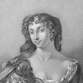 Reproduction of a black-and-white image of Anne Wharton from A catalogue of Royal and Noble Authors, 1806. Her hair is long with short pieces
            in the front that are curled, and she is wearing a voluminous dress. 
