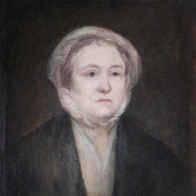 Photograph of a painting of Anna Williams by Frances Reynolds. Williams gazes slightly to the right, away from the viewer. She wears a white cap, with little hair visible, a white bodice, and black mantle or cape. Her pale face makes a strong contrast with the painting's dark background. The picture hangs in Williams's long-term home, Dr Johnson's House in Gough Square, London.