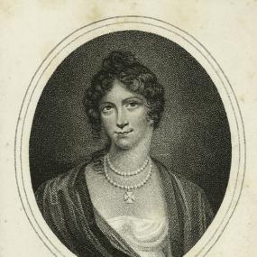 Stippple engraving of Helen Maria Williams by Dean and Munday, published in 1816, from unknown portrait, Her hair is part in loose curls and part gathered to the top of her head. She is wearing a white, low-necked gown, a black mantle, and a double pearl necklace on which hangs a Maltese cross The portrait is oval, and has her name written underneath.