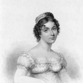 Print of Harriette Wilson by Cooper from an original drawing by Birch. She is seated with her body turned slightly away and her head facing forward. Her hair is short and curly, with a pill-box hat. Her white dress is low-necked, high-waisted, and lacy, with short sleeves.