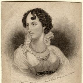 Harriette Wilson, in a stipple engraving by James Thompson from a painting by George Clint, published 1821 and in her "Memoirs", vol. 1, 1825. The print includes the words "from an original painting in her collection," and reproduces her signature. She looks sexy yet not ungenteel: her short, dark, curly hair has a prominent kiss-curl; her dress has a high, lacy collar, low neckline with pearls, and semi-transparent fabric over her breasts. National Portrait Gallery, London.