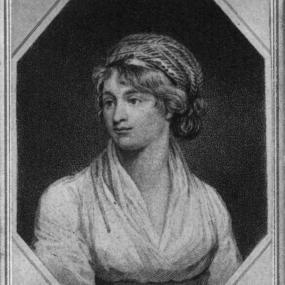 Stipple engraving of Mary Wollstonecraft by James Heath after the painting by John Opie. She is wearing a light, loosely-fitting gown with high waist and a folded cap like a turban.