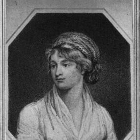 Stipple engraving of Mary Wollstonecraft by James Heath after the painting by John Opie. She is wearing a light, loosely-fitting gown with high waist and a folded cap like a turban.