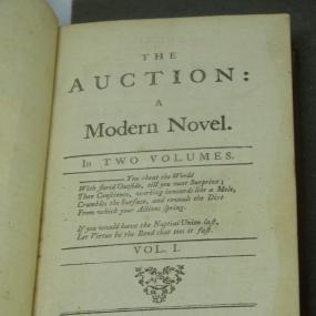 Title-page of A. Woodfin's "The Auction: A Modern Novel", vol. 1, anonymous 1760.
