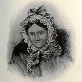 Image of Dorothy Wordsworth from a painting by S. Crosthwaite, 1833, at Rydal Mount, Cumbria (home of herself and her brother's family during all of her later life). All that can be clearly seen of her clothing is a cap with ruffled edges and a large bow, and a scarf or shawl. She looks directly at the viewer. The lower part of the portrait, not visible here, shows spectacles and an open manuscript book on her lap and a little white dog at her feet.