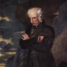 Three-quarter-length painting of William Wordsworth by Benjamin Robert Haydon, 1842, known as "Wordsworth on Helvellyn" (though it was painted in London, with the mountain scene done from memory). Haydon was responding to a poem Wordsworth wrote for him; Elizabeth Barrett (later Browning), alerted by Mary Russell Mitford, wrote a poem about the painting. Wordsworth stands tall, arms folded and gazing downwards, showing his beaky face and bald head framed in remaining white hair and sideburns. National Portr