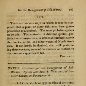 First page of Susanna Wright's "Directions for the management of Silk-Worms", posthumously printed in the "Philadelphia Physical and Medical Journal", 1 (1804): 103, with editorial praise of Wright's life and work.