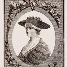 Sepia version of engraving of Ann Yearsley by Wilson Lowry, 1787, from an unknown artist. She is turned 3/4 to the left and wears a large shady hat, jacket, and dress. The portrait has an oval frame embellished with flowers, ribbons, and an urn. Underneath is written "Ann Yearsley. The Bristol Milk Woman &amp; Poetess."