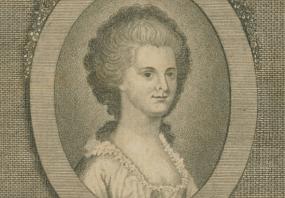 Frontispiece to Ann Eliza Bleecker's Posthumous Works, 1793, an engraved portrait bust on a pedestal bearing her name. She looks out from an oval frame decorated with flowers. She faces the viewer, though she is turned slightly to her left. Her hair is off her face, with curls collected at the nape of her neck. She wears a dress with a simple neckline embellished with small ruffles.