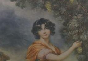 Three-quarter-length painting of Mary Ann Cavendish Bradshaw by Thomas Lawrence, 1806. She is depicted outdoors, in motion, wearing a pink gown and orange shawl, picking grapes with her face turned to the viewer and framed in unruly dark curls.