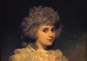 Photo of a portrait at Chatsworth of Elizabeth Cavendish, Duchess of Devonshire. painted by Sir Joshua Reynolds in 1787 (while she was Lady Elizabeth Foster, during her first marriage). She is shown from the waist up, at a slight three quarter turn. She is wearing a high-waisted lacy white dress with large, billowing collar and a dark green sash. Her is fashionably frizzed and lightly powdered to produce a dark grey colour.