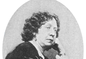 Oval black-and-white, head-and-shoulders photograph of Fanny Fern. She is sitting with her cheek resting on her left hand. Her dark hair is parted in the middle, done in rigid waves. She is wearing earrings and a dark dress buttoned in front with thin stripes on her sleeves.