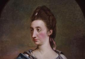 Portrait of Catharine Macaulay by Robert Edge Pine, c. 1776. Pine had already done a full-length painting which renders Macaulay's head and shoulders very similarly, but clearly shows her dressed as a Roman matron with the sash of a Roman senator. (The dress was blue and the sash purple; now the colours are reversed.) Macaulay, still rests an arm on a volume of her monumental "History of England", but now within a painted oval, without the classical backdrop of the larger, more political picture. There she 